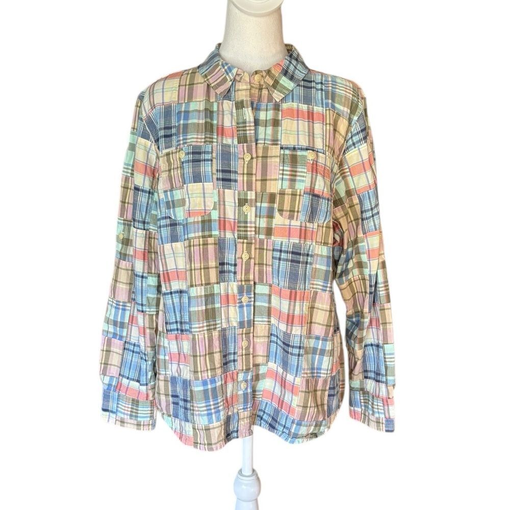 Ll Bean Button Front Top Plaid Patchwork Long Sle… - image 1